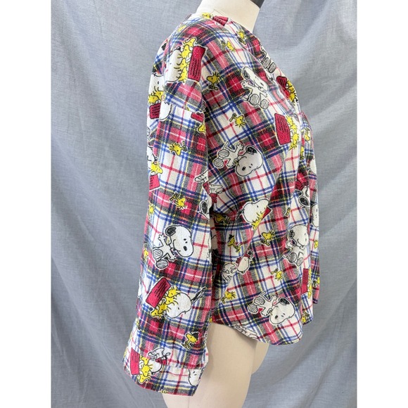 Vintage Snoopy Peanuts Woodstock Plaid Cotton Flannel Pajama Top Womens L 90s - Picture 8 of 9